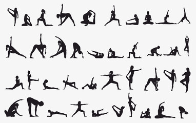 Yoga poses silhouette. Women in different asana. 