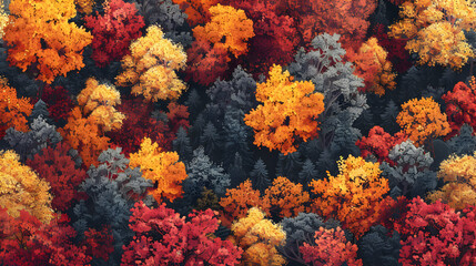 Forest Canopy in Fall: A Fiery Mix of Yellows and Reds   Top Down View of Autumn s Splendor