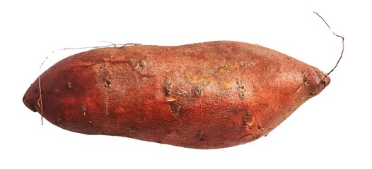 Close-up of an organic sweet potato isolated on a white background, highlighting its natural texture and form.