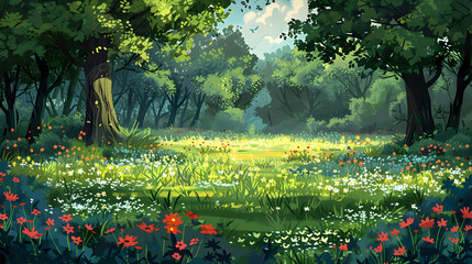 Spring Awakens Old Growth Forest Floor: Flat Design Backdrop with Wildflowers and New Life   Flat Illustration Concept