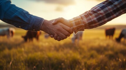 Bond between farmers and buyers as they seal a deal with a handshake amidst a picturesque scene of grazing cows
