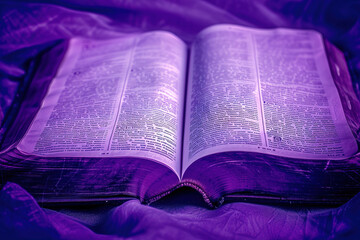 Obraz premium Bible Purple Background, open bible, book | Spiritual and Religious Design | Holy Scripture, Christian Faith, SacPurple Text, Divine Inspiration, Divine Wisdom 
