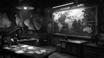 A vintage map makers studio, side view, capturing the art of cartography, scifi tone, black and white
