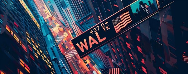 A Wall Street sign under a fluttering USA flag, top view, highlighting financial markets, robotic tone, Splitcomplementary color scheme