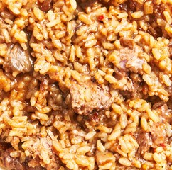 Close-up image of a delicious beef risotto with savory sauce and cooked rice, perfect for culinary uses.