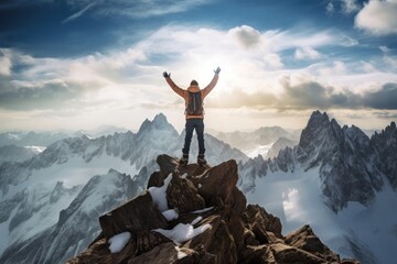  man standing on top of a snowy mountain raising his arms up, symbol of triumph.