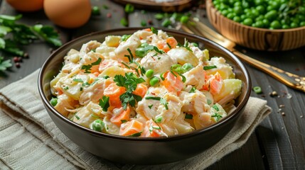 The cuisine of Kazakhstan. Vegetable salad with chicken in Kazakh.