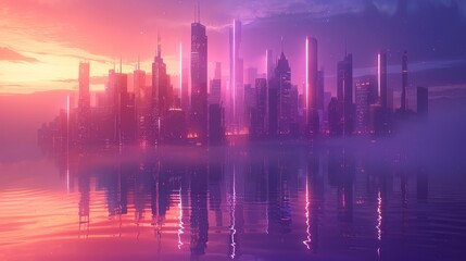 A beautiful landscape of a city at sunset with a purple sky and a pink sea.