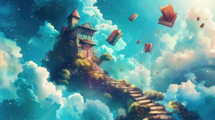 Illustration of a magical fantasy world with a school building, a stairway to the sky, and flying...
