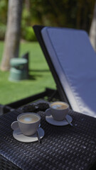 Two cups of cappuccino on a wicker table at a luxurious outdoor setting, evoking relaxation and comfort.