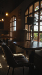 Moody interior of a dimly lit cafe with an empty chair and wooden table, invoking a sense of...