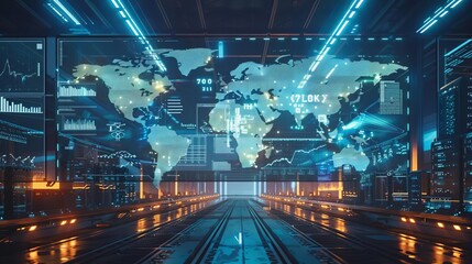 A global logistics conference with world maps on digital displays, side view, featuring international collaboration, robotic tone, Monochromatic Color Scheme