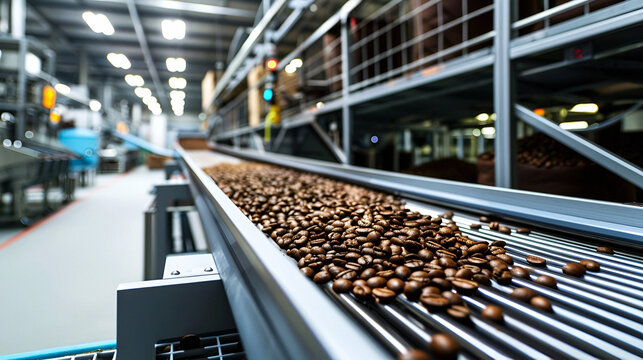 Modern roastery with coffee beans on conveyor