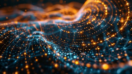 Digital visualization of a futuristic network with glowing nodes and connections, depicted in dynamic blue and orange tones.