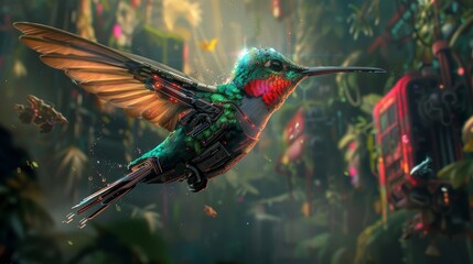 Obraz premium Exquisite digital artwork of a hummingbird in flight, surrounded by a lush green jungle. The vibrant colors of the bird and the jungle create a stunning visual effect.