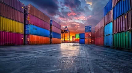 Fototapeta premium A shipping container terminal at dusk, side view, symbolizing global trade, digital tone, Complementary Color Scheme