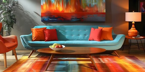 Midcentury retro vintage style living room with wooden coffee table and turquoise sofa. Concept Midcentury Retro Living Room, Wooden Coffee Table, Turquoise Sofa, Vintage Style