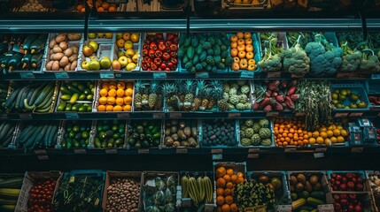 Fototapeta premium A supermarket produce section during peak hours, top view, highlighting consumer choice, robotic tone, Splitcomplementary color scheme