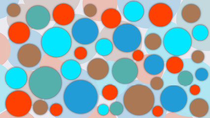 Playful abstract art with vibrant blue, orange, and brown circles on a light gradient background.