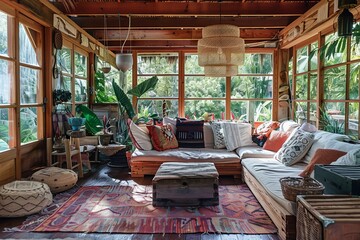 Welcoming boho chic sunroom filled with plants, natural textures, and colorful accents