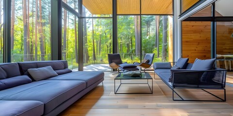 Modern minimalist living room with blue sofa and lounge chairs in forest cottage. Concept Home Decor, Minimalist Style, Blue Sofa, Forest Cottage, Lounge Chairs