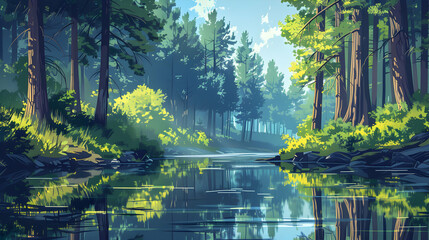 Serene Reflections: Old Growth Forest River   A flat design backdrop with a river peacefully flowing through an ancient forest, capturing the reflections of towering trees on its t