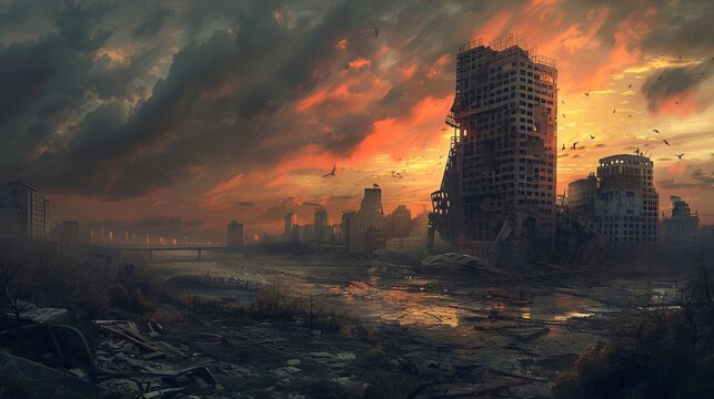 The image shows a post-apocalyptic city. The sky is dark and cloudy, the buildings are in ruins, and the ground is covered in debris.
