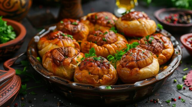 The cuisine of Yemen. A festive kubana with meat. 