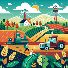 tractor working on the field, Autonomous farming machinery in fields. Precision agriculture technology. Farming efficiency innovation. Low poly vector illustration with 3D effect on rural farmland bac