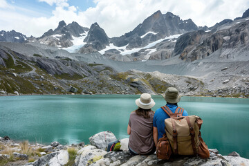 A couple wearing hats and carrying backpacks sits on rocks, overlooking a tranquil mountain lake surrounded by rugged peaks - Powered by Adobe