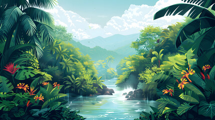 A River Journey Through the Tropical Rainforest: Flat Design Backdrop Concept Inviting Exploration and Adventure