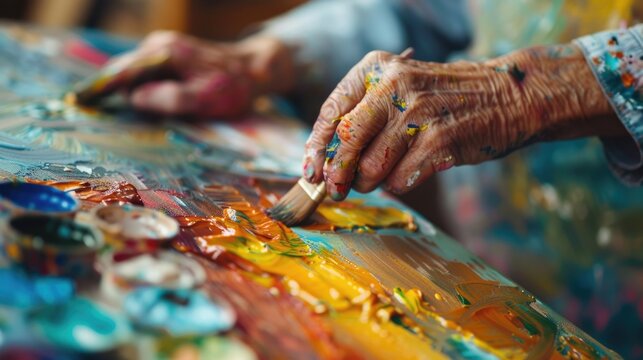 Elderly Artist Painting Colorful Canvas. The painter's hands, convey a deep engagement with the creative process, emphasizing the therapeutic benefits of art in elderly care. Hobby. Alzheimer's