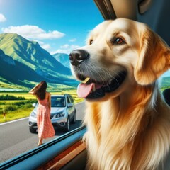Golden retriever peers from a vintage car window, a woman beside, a scenic mountains backdrop. Road trip vibes abound