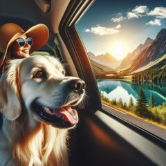 Golden retriever peers from a vintage car window, a woman beside, a scenic mountains backdrop. Road...