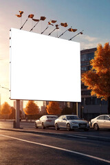 Big blank ad mockup billboard in autumn city street at sunset, advertising banner. Promo poster mock-up in urban road, template for your text. Presentation board, screen display design. Copy ad space