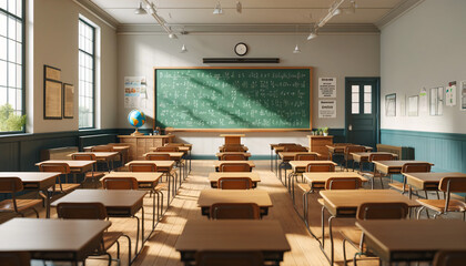 A realistic classroom scene showing an array of wooden student desks facing a large green chalkboard filled with mathematical equation