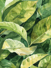 Abundant Green Leaves Watercolor A Radiant Botanical Study - obrazy, fototapety, plakaty