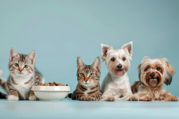 Adorable Cats and Dogs Uniting at Mealtime A High EOS Photography Showcase - obrazy, fototapety, plakaty