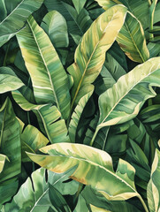 Abundant Green Leaves Watercolor A Botanical Study Emphasizing Texture and Light - obrazy, fototapety, plakaty