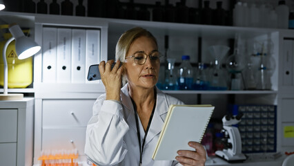 A mature woman scientist listens to a voice message while reading notes in a laboratory setting.