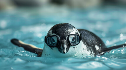 Adorable Penguin Swimming Underwater Wearing Protective Goggles in Playful Aquatic Adventure - obrazy, fototapety, plakaty