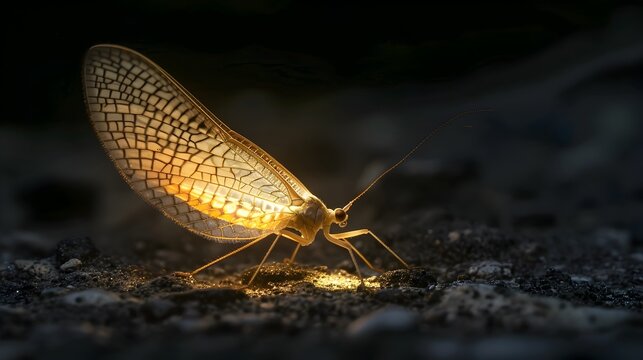 Luminous Solitude A Macro Shot of a Glowing Mayflys Incandescent Existence