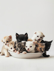 Adorable Young Kittens and Puppies Gather Around a Mealtime Bowl in a Soft PastelToned DSLR Photograph - obrazy, fototapety, plakaty