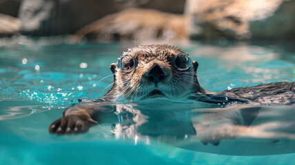 Adorable Sea Otter Swimming Wearing Playful Goggles in Refreshing Tranquil Ocean Waters - obrazy, fototapety, plakaty