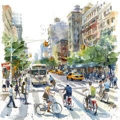 Obraz premium A beautiful watercolor of a bustling city intersection, complete with pedestrians and cyclists, captured on an isolated white background