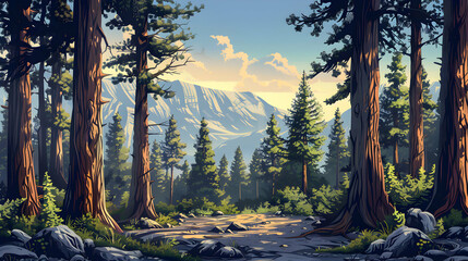 Towering Giants of the Forest: Flat Design Backdrop Depicting Towering Old Growth Trees with Massive Trunks Telling Stories of Centuries Past   Flat Illustration Concept