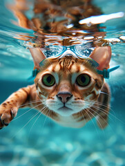 Adventurous Bengal Cat Diving into Pool with Goggles and Inflatable Arm Bands - obrazy, fototapety, plakaty