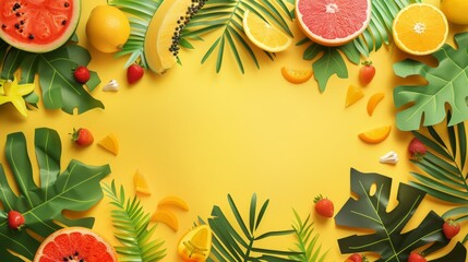 banner with tropical fruit paper on yellow background. summer day. copy space - obrazy, fototapety, plakaty