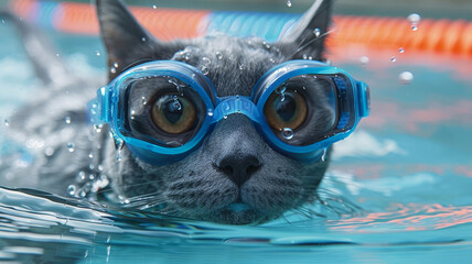 Adventurous Blue Cat Wearing Swim Gear Playfully Exploring Aquatic Realm - obrazy, fototapety, plakaty