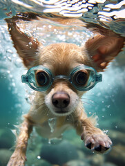 Adventurous Chihuahua Swimming Wearing Goggles in Hyper Underwater Photograph - obrazy, fototapety, plakaty